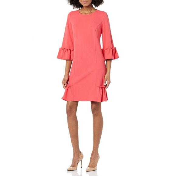 CALVIN Klein shift dress bell sleeve flounce hem coral size 10 NWT - Picture 1 of 12